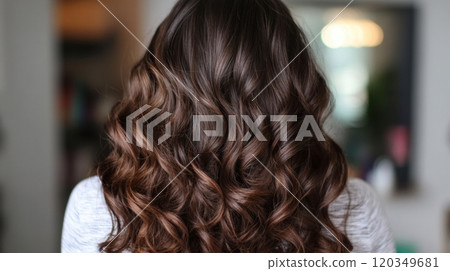 Luxurious brown curls: close-up view of wavy hair from the back 120349681