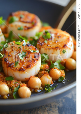 Delicious seared scallops on chickpea sauce with fresh herbs in a bowl 120349709