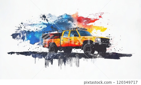 SKYWARN Recognition Day Colorful abstract painting of a vintage yellow pickup truck on white background 120349717