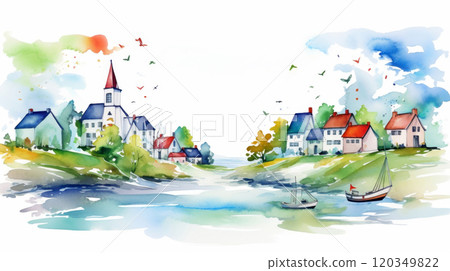 Chatham Islands Anniversary Day Scenic watercolor village with boats and birds in serene landscape 120349822