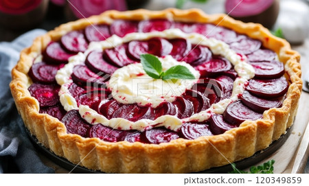 Baked Brie with Cranberries and Pomegranate Beet and Goat Cheese Tart Delicious beetroot tart with creamy cheese topping garnished with fresh mint Baked Brie with Cranberries and Pomegranate Beet and Goat Cheese Tart Delicious beetroot tart with creamy cheese topping garnished with fresh mint 120349859