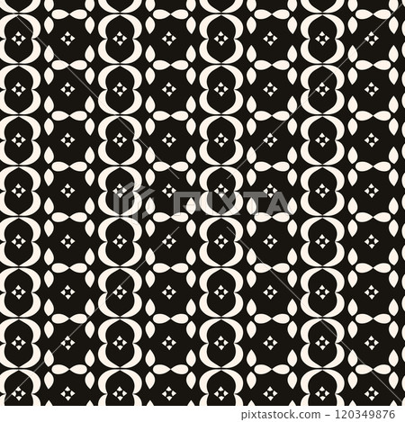 Simple minimalist floral pattern. Minimal seamless texture with small flower shapes. Abstract black and white geometric background. For print, package 120349876