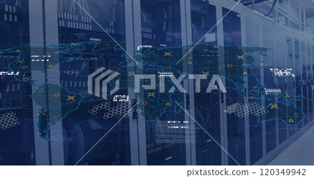 Image of digital data processing over world map and computer servers 120349942