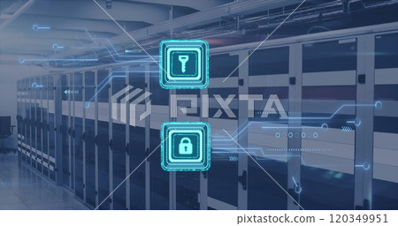 Image of digital data processing, padlock and key icons, circuit board and computer servers Image of digital data processing, padlock and key icons, circuit board and computer servers 120349951