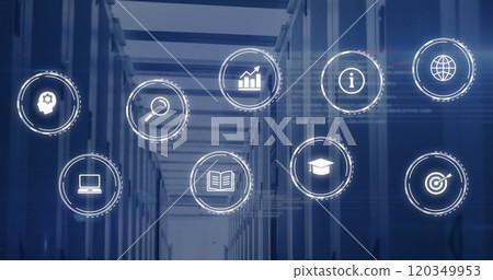 Image of network of digital icons and computer servers Image of network of digital icons and computer servers 120349953