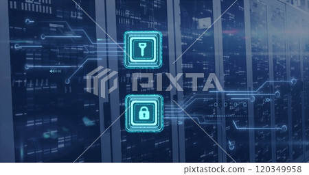 Image of digital data processing, padlock and key icons, circuit board and computer servers 120349958