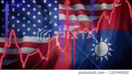 Stock market data image over American and Taiwanese flags 120349992