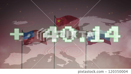 Flags of multiple countries with number image over world map background Flags of multiple countries with number image over world map background 120350004