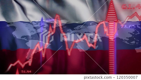 Stock market data image over world map and Russia flag 120350007
