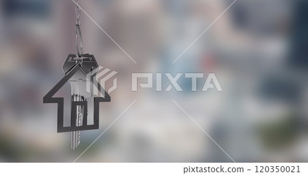 House-shaped keychain and keys image over blurred cityscape background House-shaped keychain and keys image over blurred cityscape background 120350021