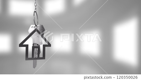House-shaped keychain image over blurred white background 120350026