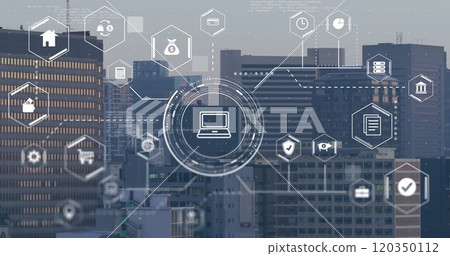 Image of digital icons and data processing over cityscape 120350112
