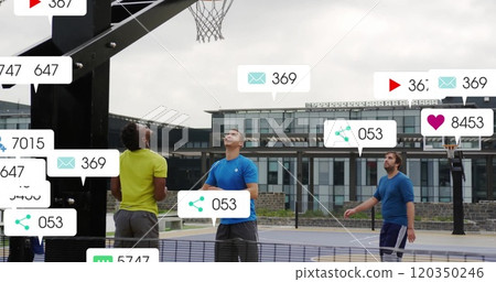 Image of digital data processing over diverse basketball players 120350246