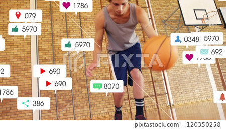 Image of digital data processing over caucasian basketball player Image of digital data processing over caucasian basketball player 120350258