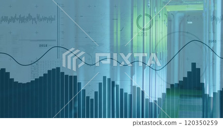 Image of financial data processing over server room 120350259