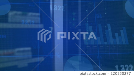 Image of financial data processing over server room 120350277