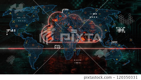 Image of network of connections over world map and cloud Image of network of connections over world map and cloud 120350331