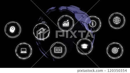 Image of digital icons and data processing over globe on black background 120350354