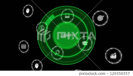 Image of digital icons and data processing over speedometer on black background 120350357