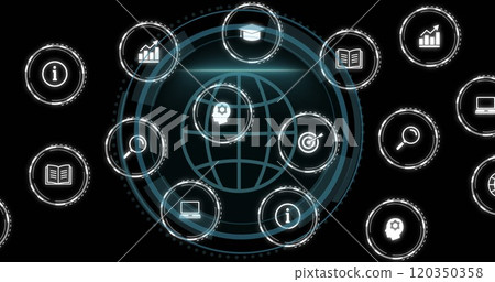 Image of digital icons and data processing over globe on black background 120350358
