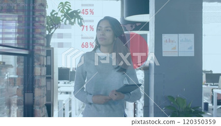 Image of financial data processing over biracial businesswoman in office 120350359