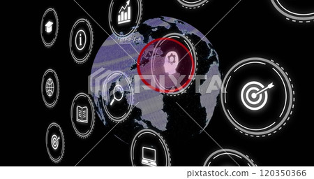 Image of digital icons and data processing over globe on black background 120350366