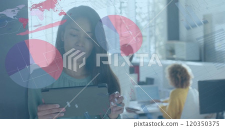 Image of financial data processing over biracial businesswoman in office Image of financial data processing over biracial businesswoman in office 120350375