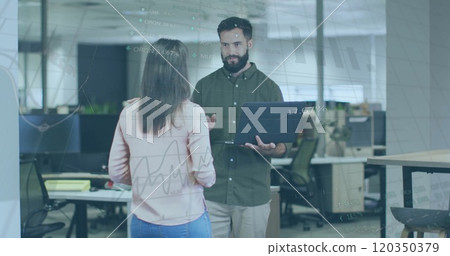 Image of financial data processing over diverse business people in office Image of financial data processing over diverse business people in office 120350379