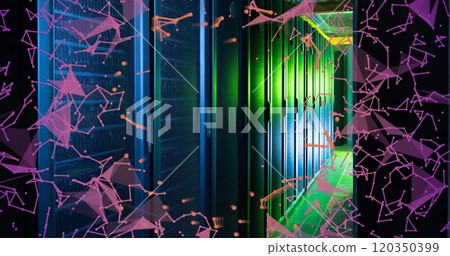 Image of pink communication networks floating over dark computer server room 120350399