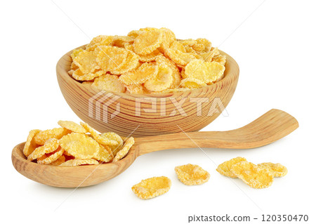 Cornflakes in wooden bowl and spoon isolated on white background. 120350470