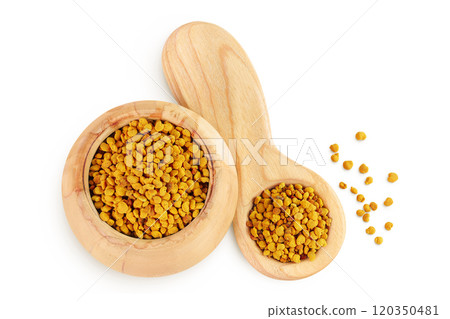 Bee pollen grains in wooden bowl and spoon isolated on white background. Top view. Flat lay Bee pollen grains in wooden bowl and spoon isolated on white background. Top view. Flat lay 120350481