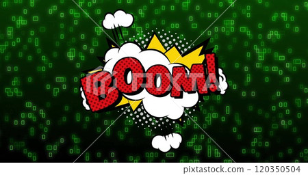 Image of boom text over retro vibrant pattern and binary coding background Image of boom text over retro vibrant pattern and binary coding background 120350504