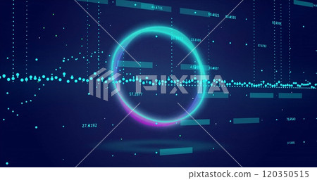 Circular glowing ring and data points with numerical values, data visualization image Circular glowing ring and data points with numerical values, data visualization image 120350515