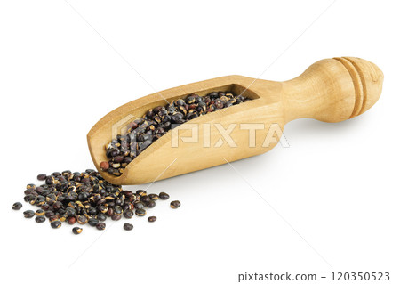 black quinoa in wooden scoop isolated on white background 120350523