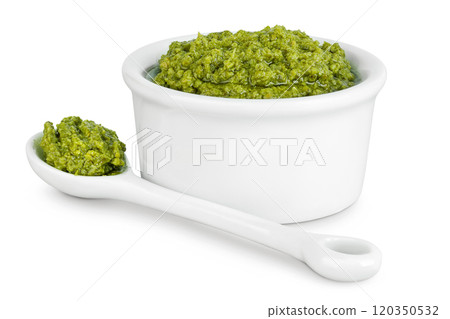 Pesto sauce in ceramic bowl isolated on white background Pesto sauce in ceramic bowl isolated on white background 120350532