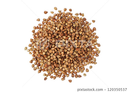 Raw buckwheat isolated on white background. Top view. Flat lay Raw buckwheat isolated on white background. Top view. Flat lay 120350537