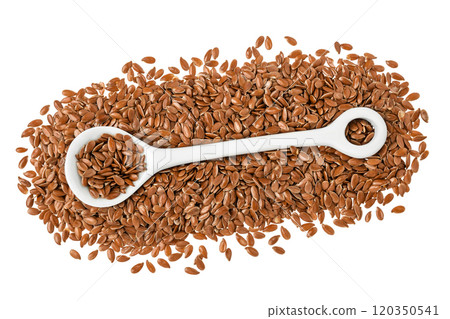 flaxseed in ceramic spoon isolated on white background. Top view. Flat lay 120350541
