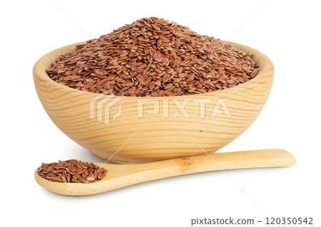 flaxseed in wooden bowl isolated on white background. Top view. Flat lay 120350542