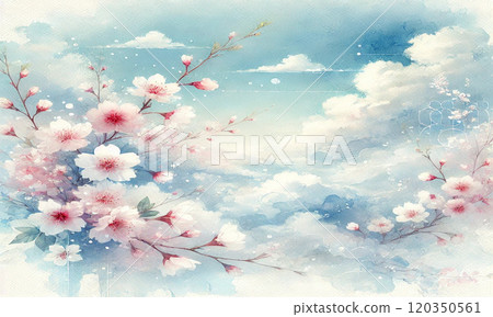 Watercolor illustration of blue sky and cherry blossoms 120350561