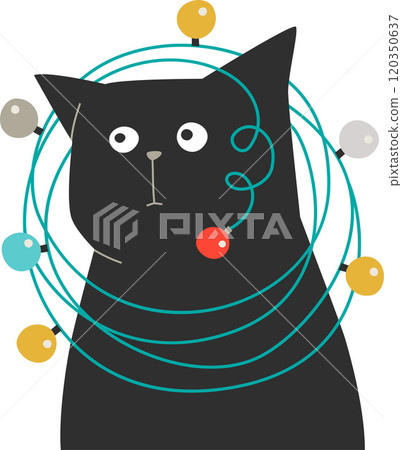 funny black cat tangled in xmas lights 120350637