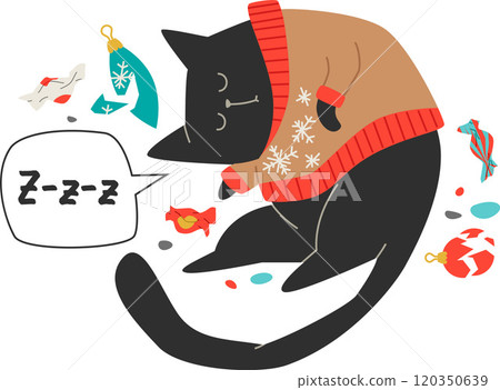 mischievous black cat in ugly sweater sleeping 120350639