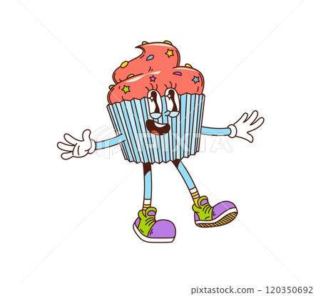 Cartoon groovy cupcake bakery and pastry character with sneakers, topped with pink frosting, sprinkles and stars, joyfully spreads its arms with happy face. Retro muffin personage exudes playful vibe Cartoon groovy cupcake bakery and pastry character with sneakers, topped with pink frosting, sprinkles and stars, joyfully spreads its arms with happy face. Retro muffin personage exudes playful vibe 120350692