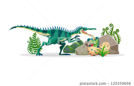 Prehistoric Baryonyx dinosaur cute character. Extinct reptile, paleontology animal or Jurassic era dinosaur funny cartoon vector personage. Prehistoric lizard comic character with cheerful baby in egg 120350698