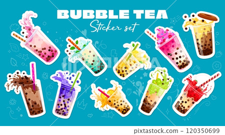Bubble tea stickers, vector fruit food and milk drink. Boba tea, iced coffee and milkshake cocktail glasses stickers with tapioca pearls and bubbles, chocolate and berry, drinking straws and splashes Bubble tea stickers, vector fruit food and milk drink. Boba tea, iced coffee and milkshake cocktail glasses stickers with tapioca pearls and bubbles, chocolate and berry, drinking straws and splashes 120350699