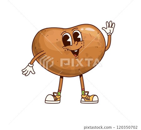 Groovy potato vegetable character. Isolated cartoon vector adorable ripe farm food personage wearing sneakers and gloves, waving hand with happy smiling face expression, exudes retro funky vibe Groovy potato vegetable character. Isolated cartoon vector adorable ripe farm food personage wearing sneakers and gloves, waving hand with happy smiling face expression, exudes retro funky vibe 120350702