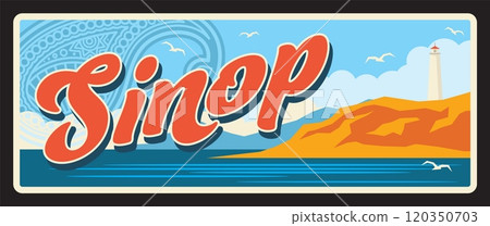 Sinop Turkey province retro travel plate. Turkish travel luggage tag. Turkey province tin sign or region metal plate with landmark and city tagline, lighthouse on island and seaview Sinop Turkey province retro travel plate. Turkish travel luggage tag. Turkey province tin sign or region metal plate with landmark and city tagline, lighthouse on island and seaview 120350703