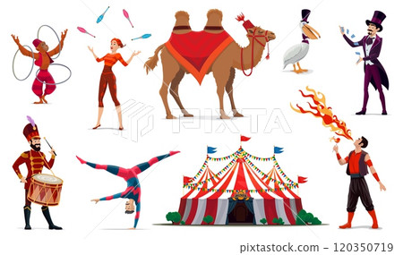Cartoon circus characters of carnival artists, animals and top tent. Vector magician, acrobat and juggler, fire breather and drummer personages, monkey, camel and pelican performers of circus show Cartoon circus characters of carnival artists, animals and top tent. Vector magician, acrobat and juggler, fire breather and drummer personages, monkey, camel and pelican performers of circus show 120350719