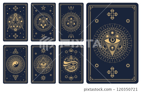 Magic tarot cards with astrological, occult, mystical symbols. Vector boho style witchcraft, spiritual cards with esoteric golden signs of pyramid, cross, all-seeing eye, stars and celestial patterns 120350721