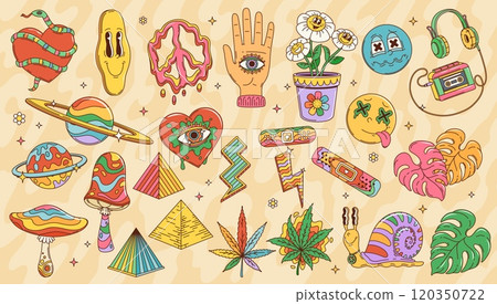 Cartoon retro 70s 80s hippie and groovy symbols. Funny daisy flower and yellow smile vector characters with hippie peace symbols. Psychedelic mushrooms and planet, lightning bolts, pyramids and hearts Cartoon retro 70s 80s hippie and groovy symbols. Funny daisy flower and yellow smile vector characters with hippie peace symbols. Psychedelic mushrooms and planet, lightning bolts, pyramids and hearts 120350722