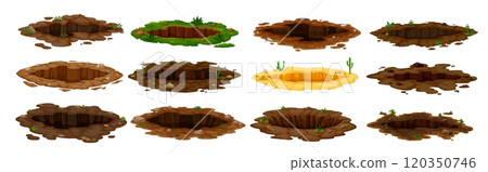 Dirty pits and burrows, deep ground holes in earth with mud and water in hollows, cartoon vector. Dig pits in soil or underground holes with stones and grass on ground gaps from groundhog or mole 120350746